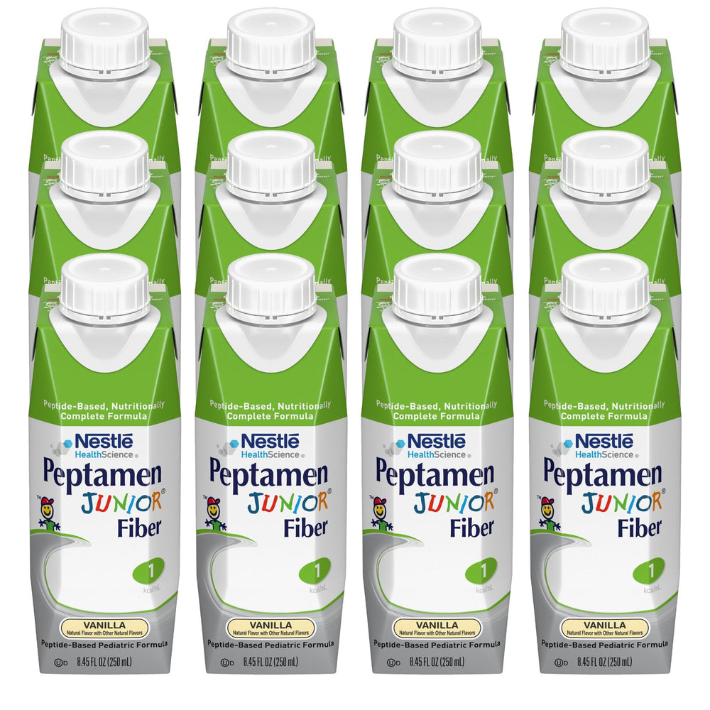 Peptamen Junior Fiber Vanilla bottle shown as pediatric nutrition option
