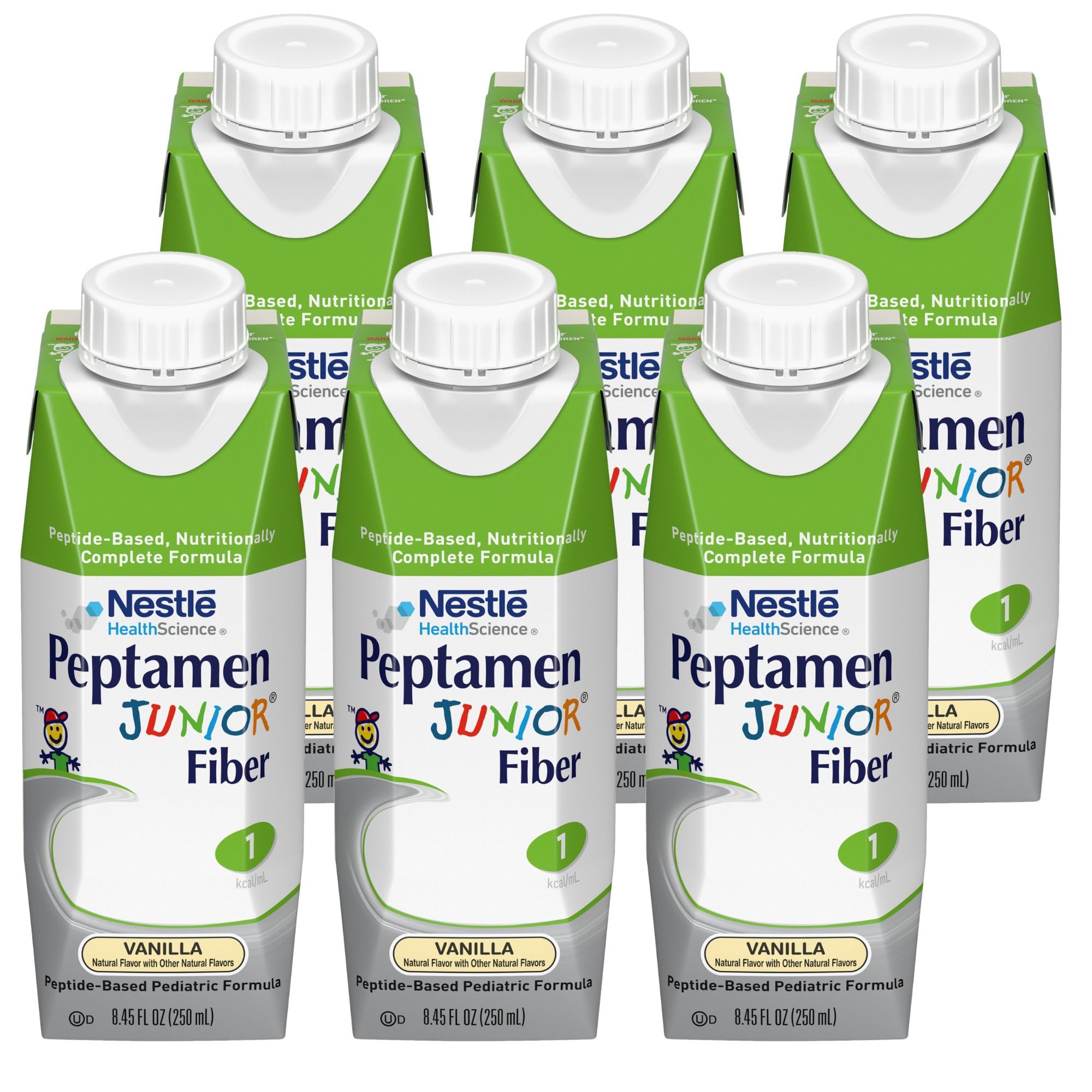 Peptamen Junior Fiber Vanilla powder beside a mixing cup for easy preparation