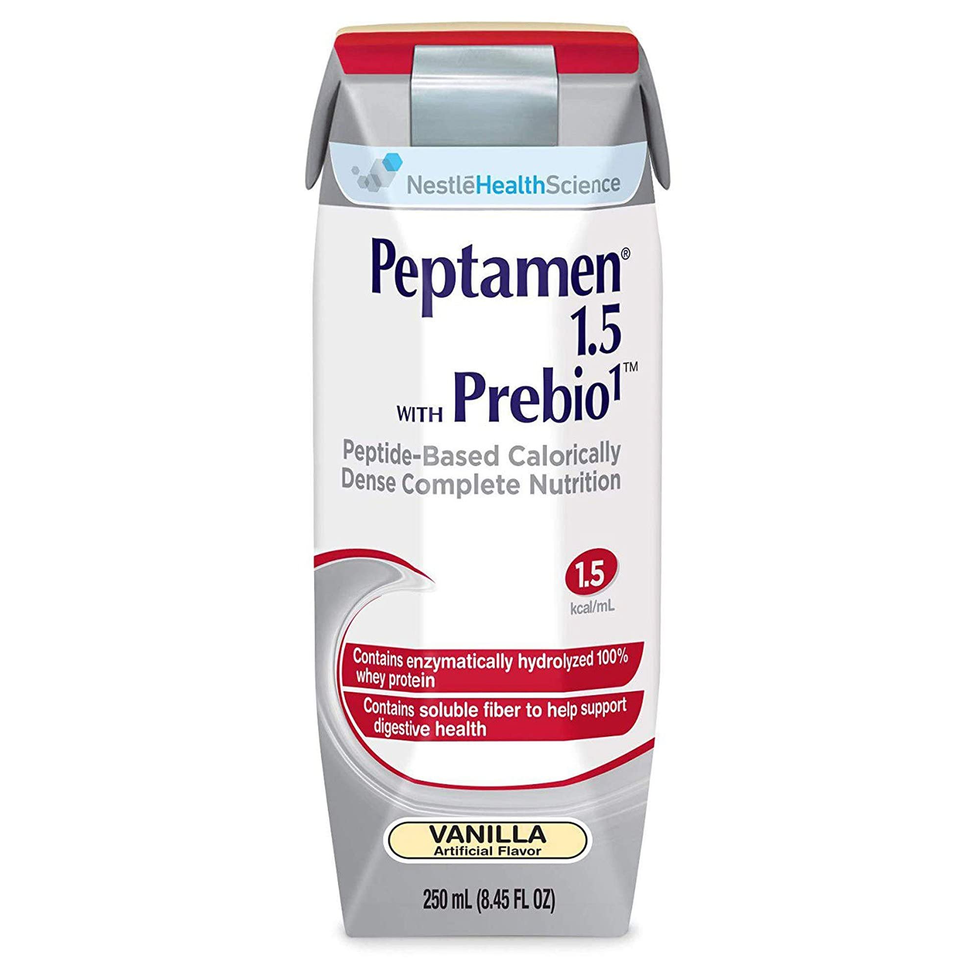 Peptamen Vanilla oral supplement carton shows convenient 24 pack for balanced nutrition