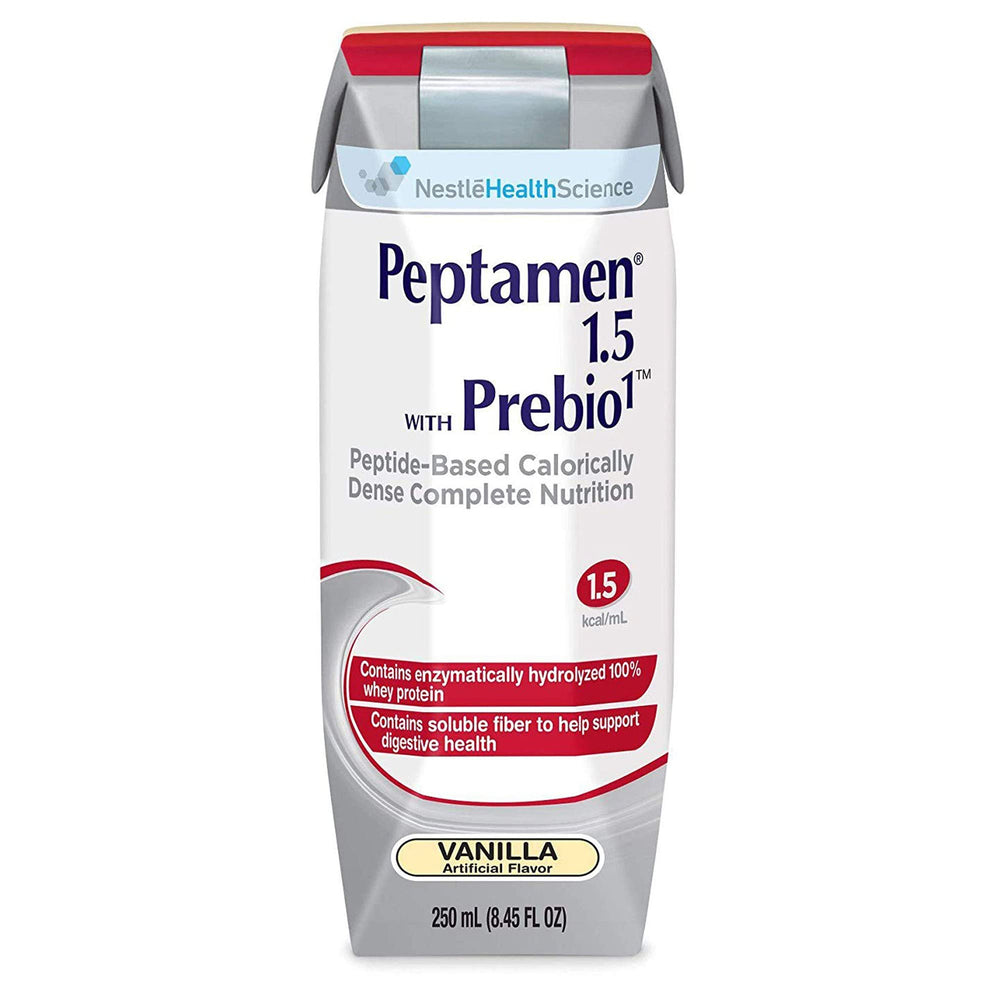 Peptamen Vanilla oral supplement carton shows convenient 24 pack for balanced nutrition