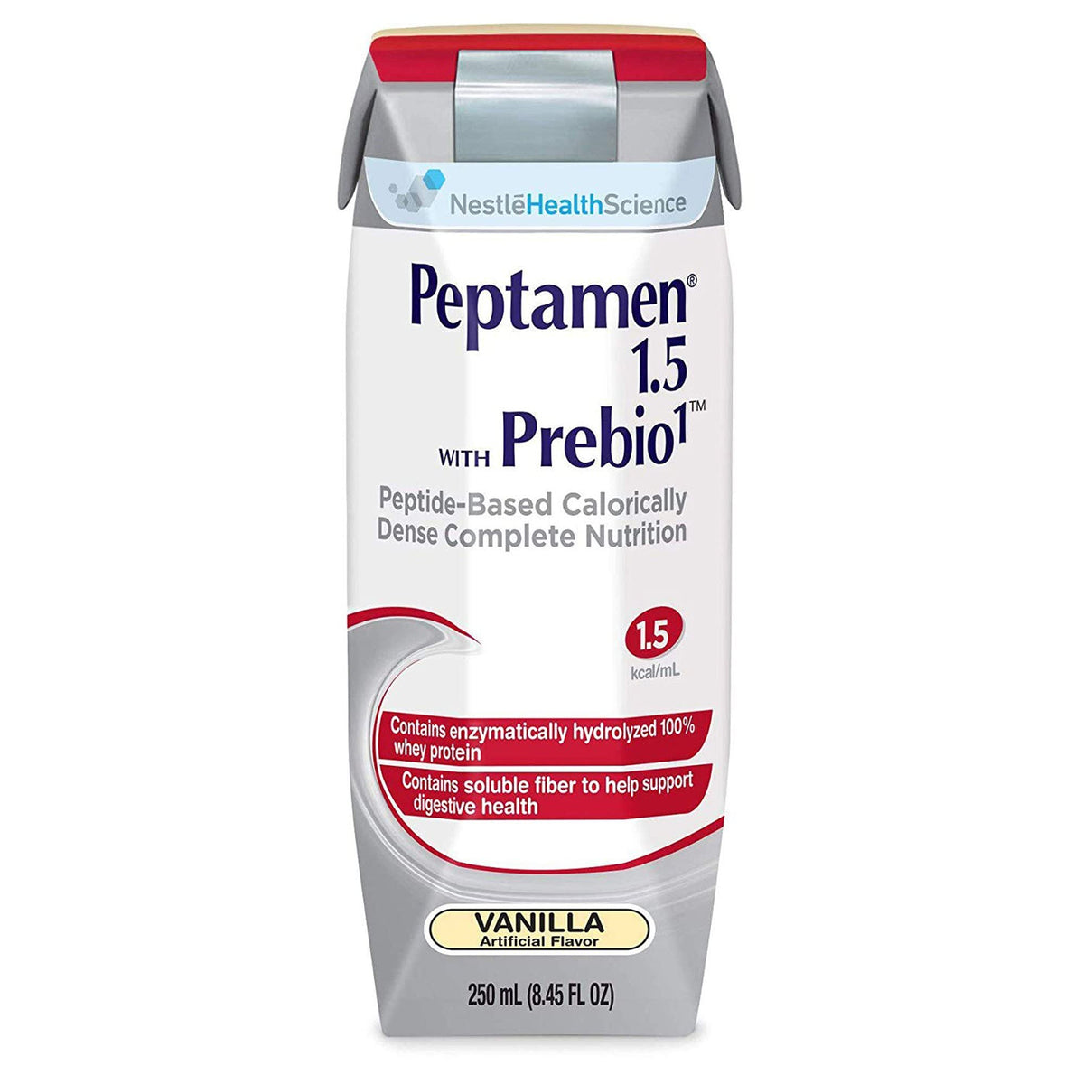 Peptamen Vanilla oral supplement carton shows convenient 24 pack for balanced nutrition