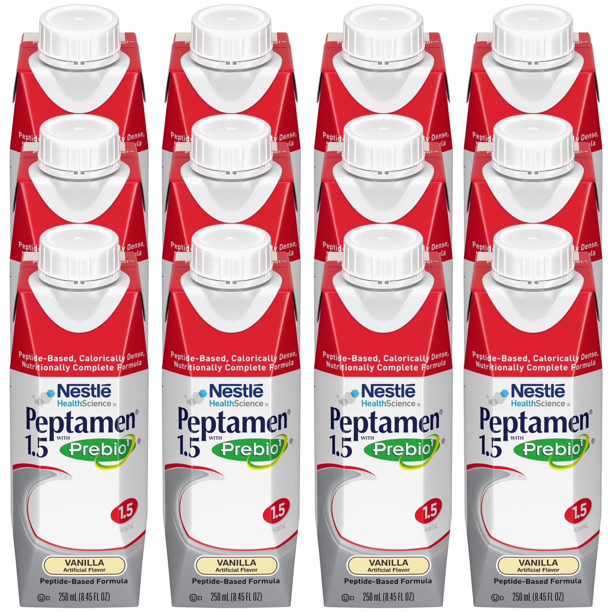 Peptamen Vanilla packaging details emphasize 250 mL bottle and 24 count
