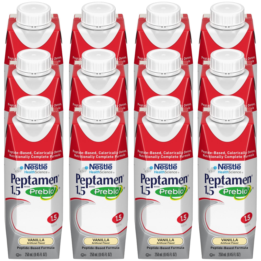 Peptamen Vanilla packaging details emphasize 250 mL bottle and 24 count