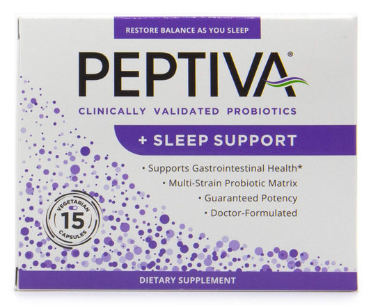 Peptiva probiotic bottle showing 26 billion CFU for digestive balance and potential nighttime support