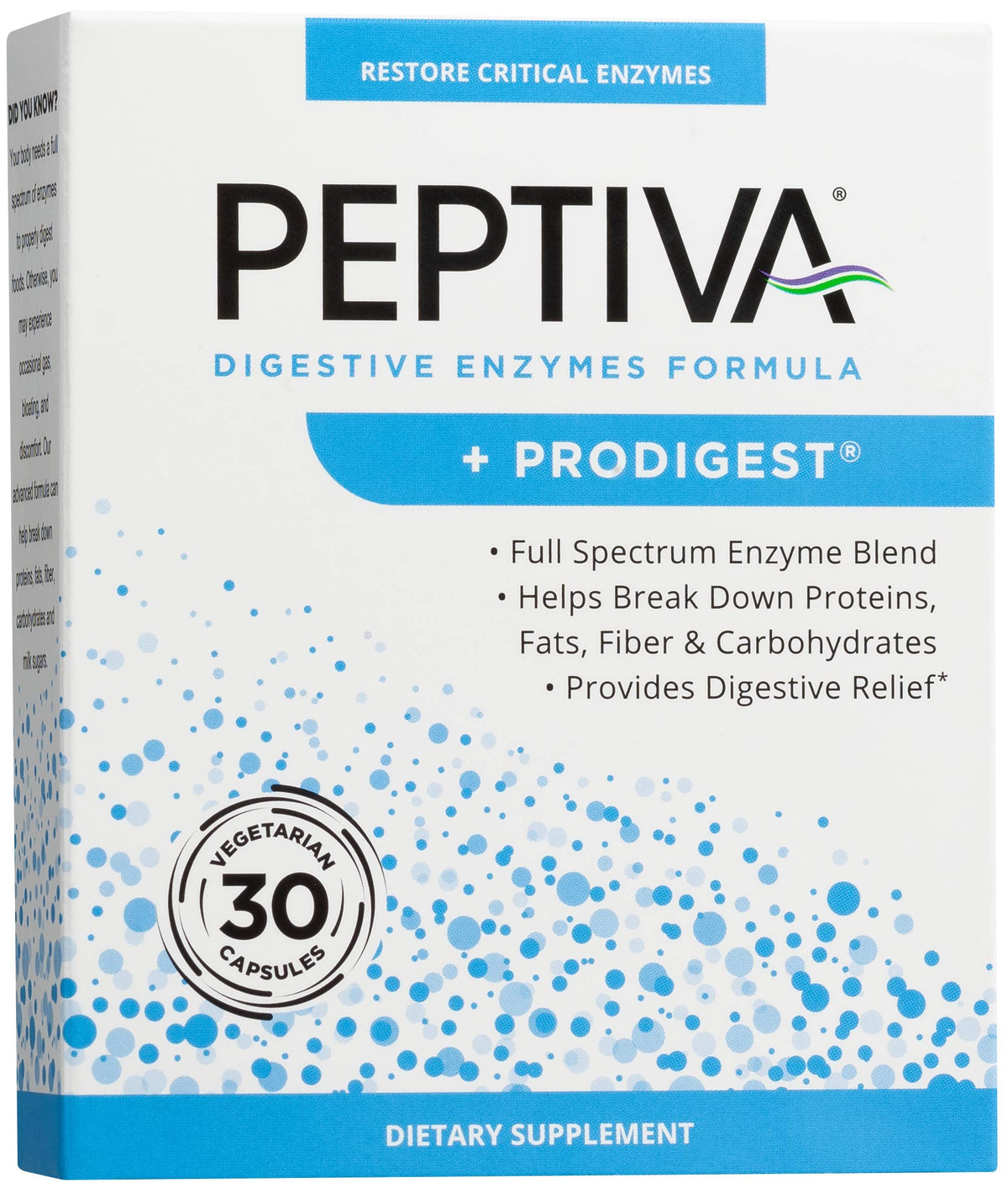 Peptiva Digestive Enzymes bottle with Prodigest label aiding comfortable digestion.