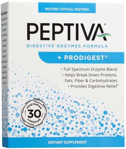 Peptiva Digestive Enzymes bottle with Prodigest label aiding comfortable digestion.