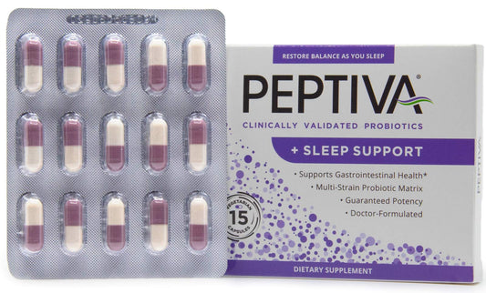 Peptiva sleep-support capsules shown for easier bedtime and deeper rest