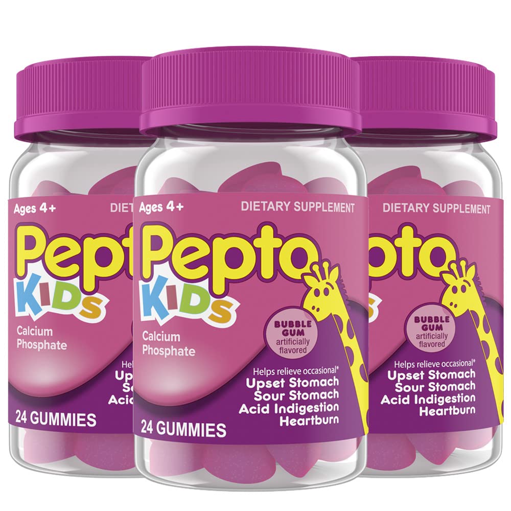 Pepto Kids Gummies bubblegum flavor bottle for quick tummy relief.