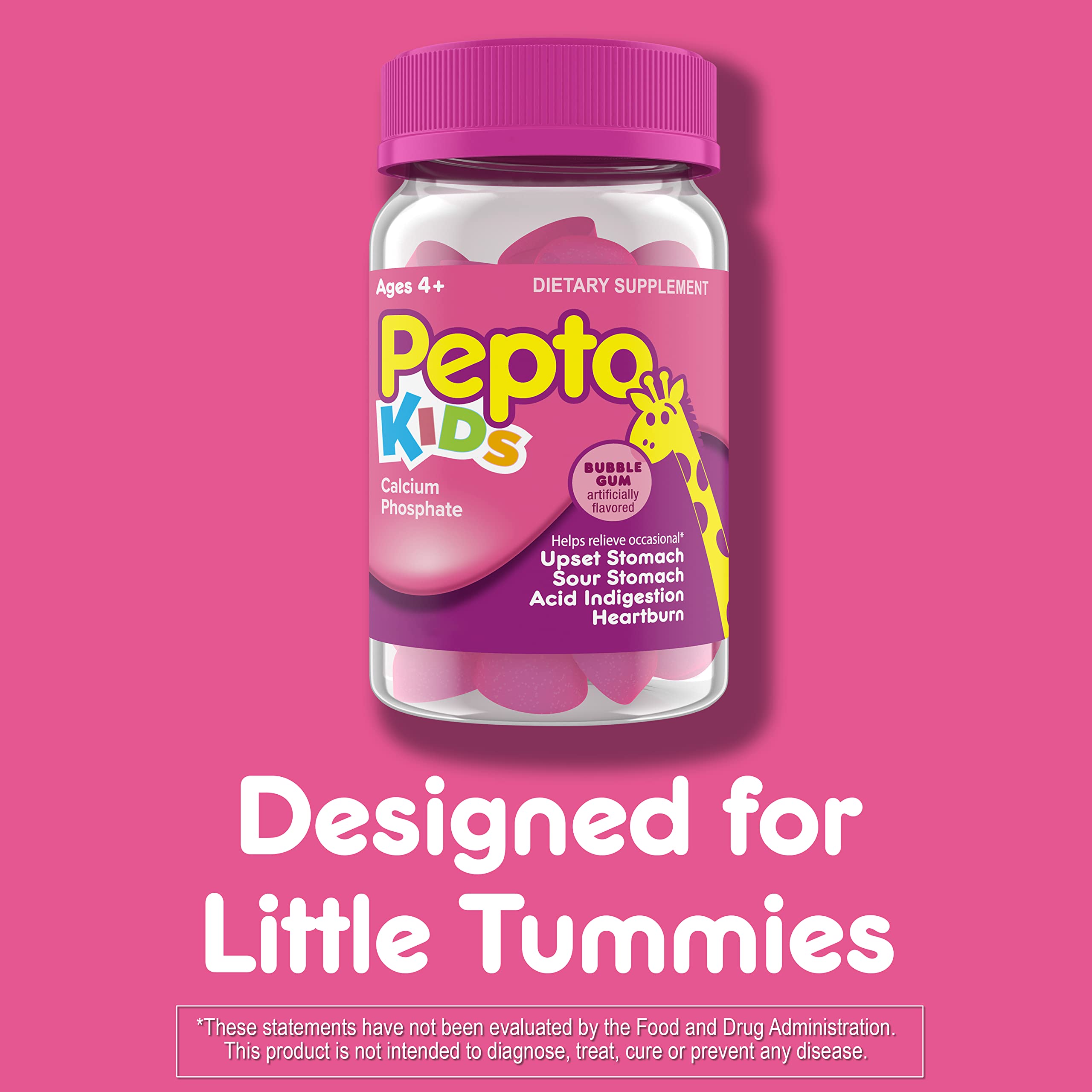 Child-friendly packaging of Pepto Kids reinforcing trusted brand.