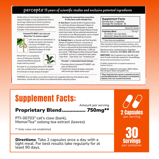 Percepta capsules close-up highlighting easy, daily memory support capsules.