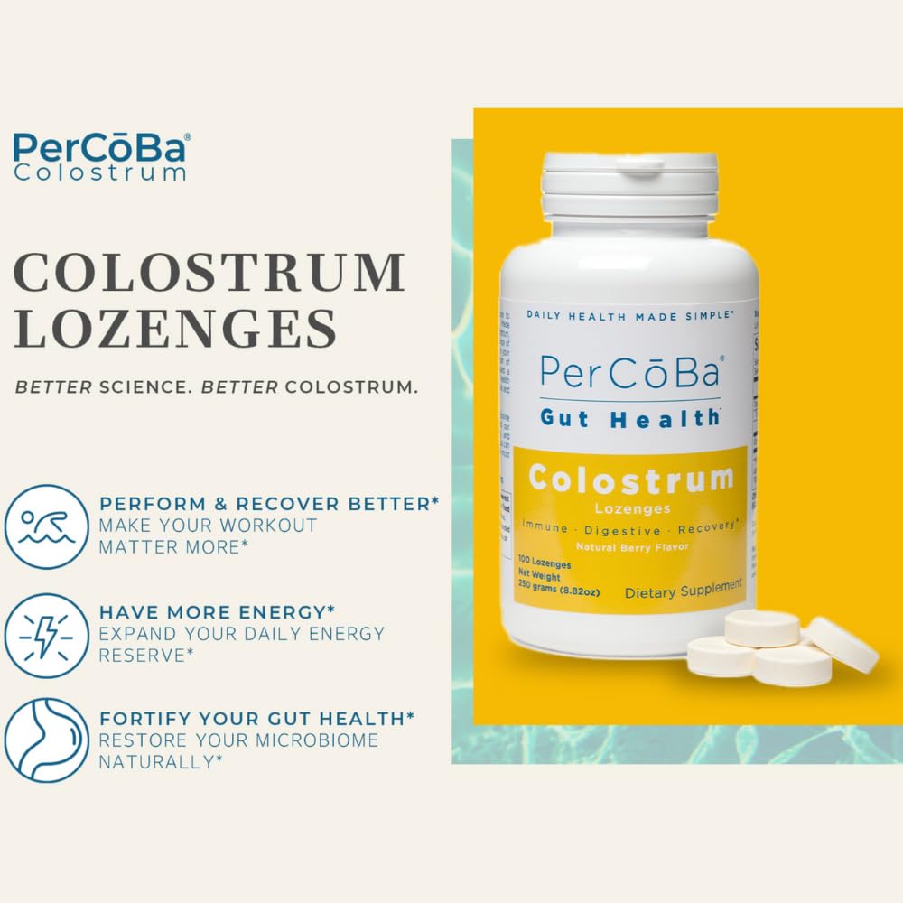Berry-flavored PERCOBA lozenges close-up with bottle, emphasizing flavor.