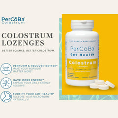 Berry-flavored PERCOBA lozenges close-up with bottle, emphasizing flavor.