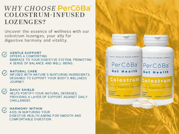  gym gear beside PERCOBA lozenges, implying recovery support.