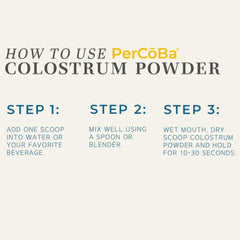 PERCOBA Colostrum glass bottle label with ingredients and gluten-free claim.