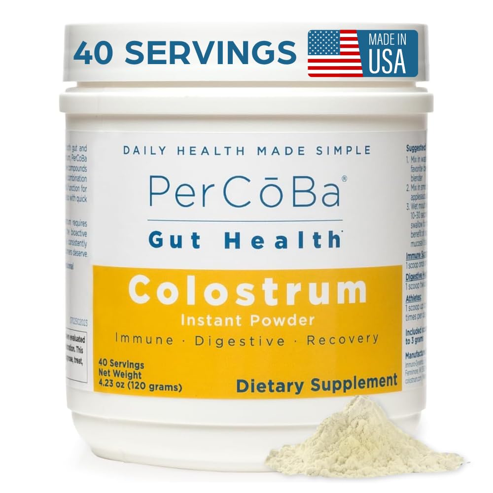 PERCOBA Colostrum Powder jar close-up highlighting quality bovine colostrum for gut wellness.