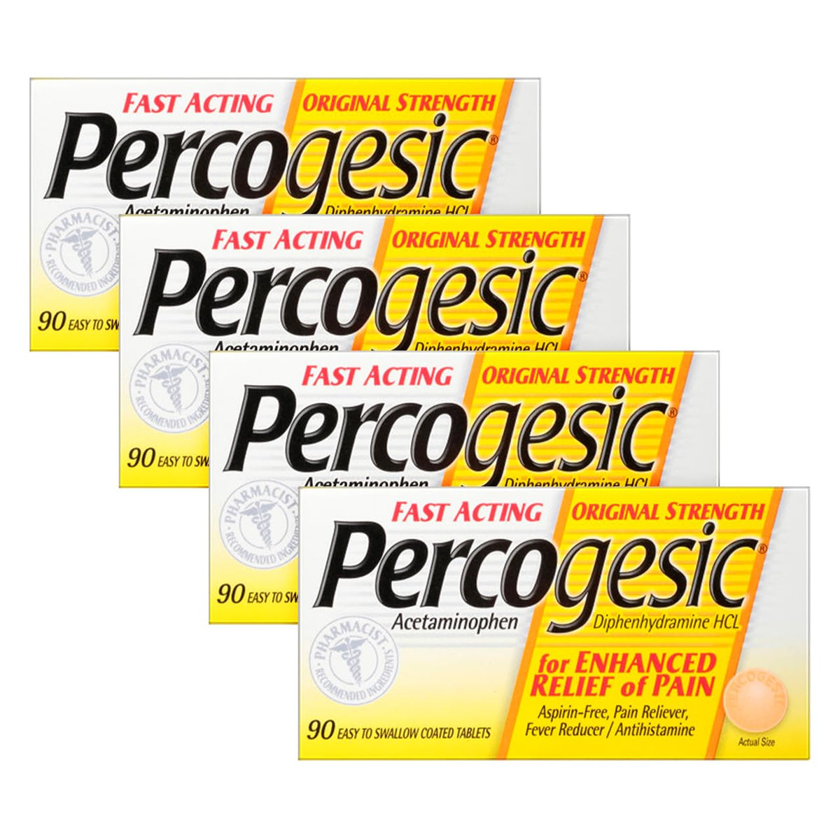 Percogesic Original Pain Relief bottle with 90 coated caplets for fast relief.