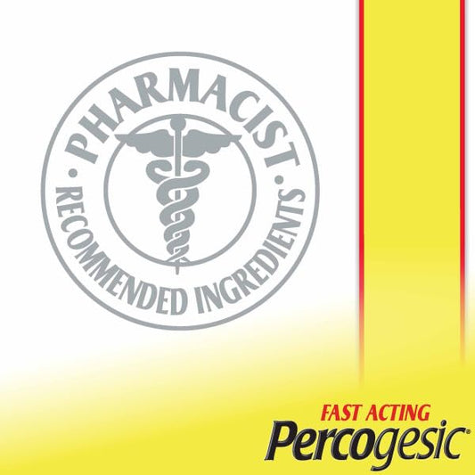 Close-up of Percogesic Original Pain Relief tablets showing easy-to-swallow coating.