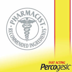 Close-up of Percogesic Original Pain Relief tablets showing easy-to-swallow coating.