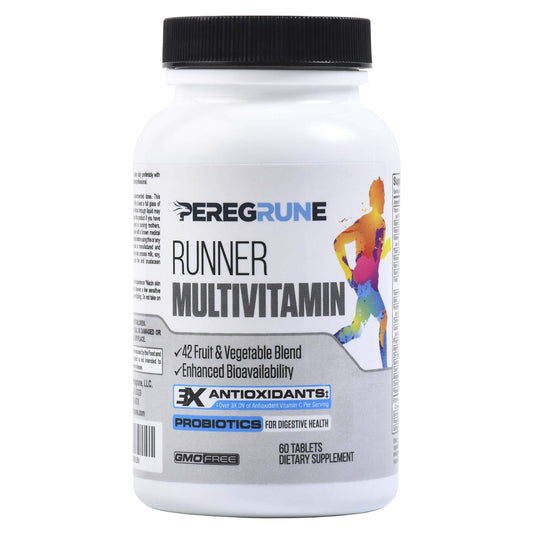 PEREGRUNE Runner Multivitamin bottle front for energy support during endurance workouts.