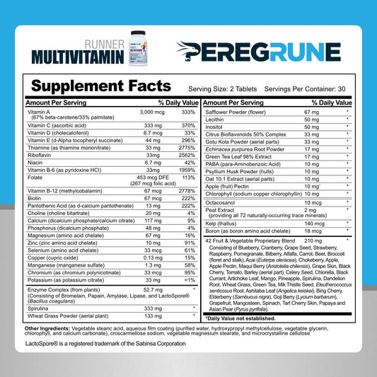 PEREGRUNE Runner Multivitamin bottle side view with clear label details.