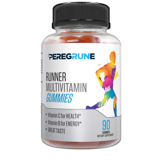 PEREGRUNE Runner Multivitamin Gummies bottle demonstrates convenient daily nutrition for runners