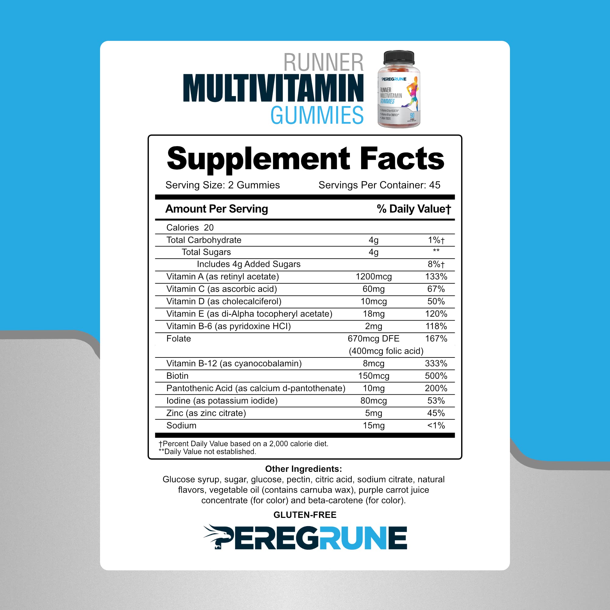PEREGRUNE Runner Multivitamin Gummies nutrition facts panel communicates transparency and clarity