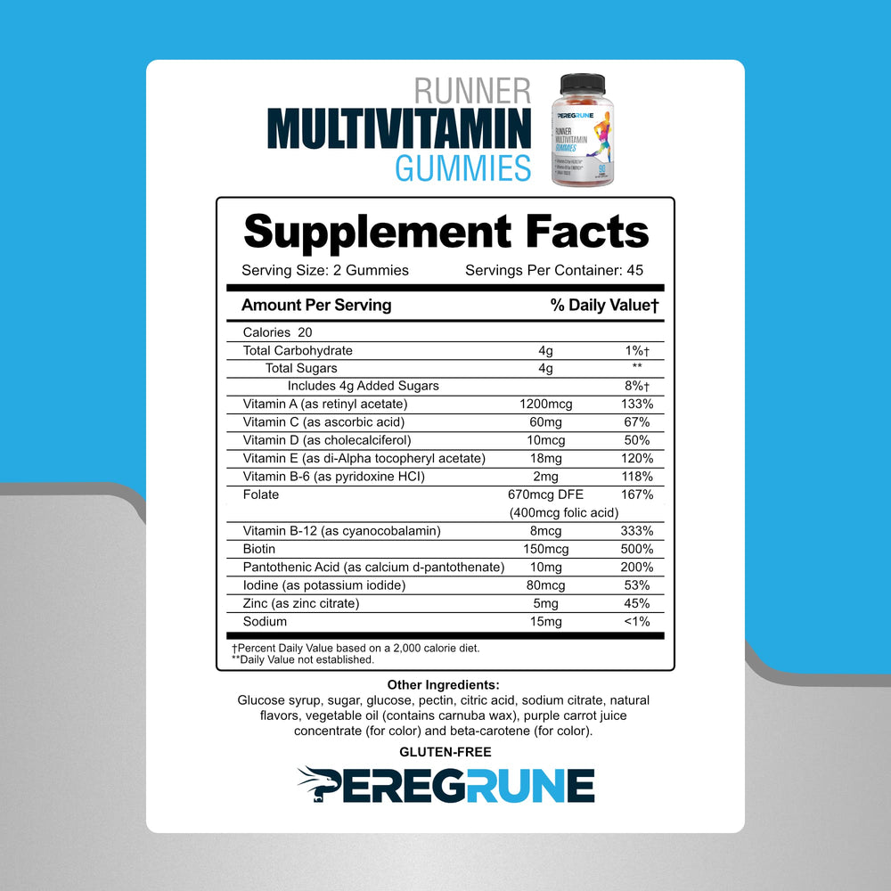 PEREGRUNE Runner Multivitamin Gummies nutrition facts panel communicates transparency and clarity