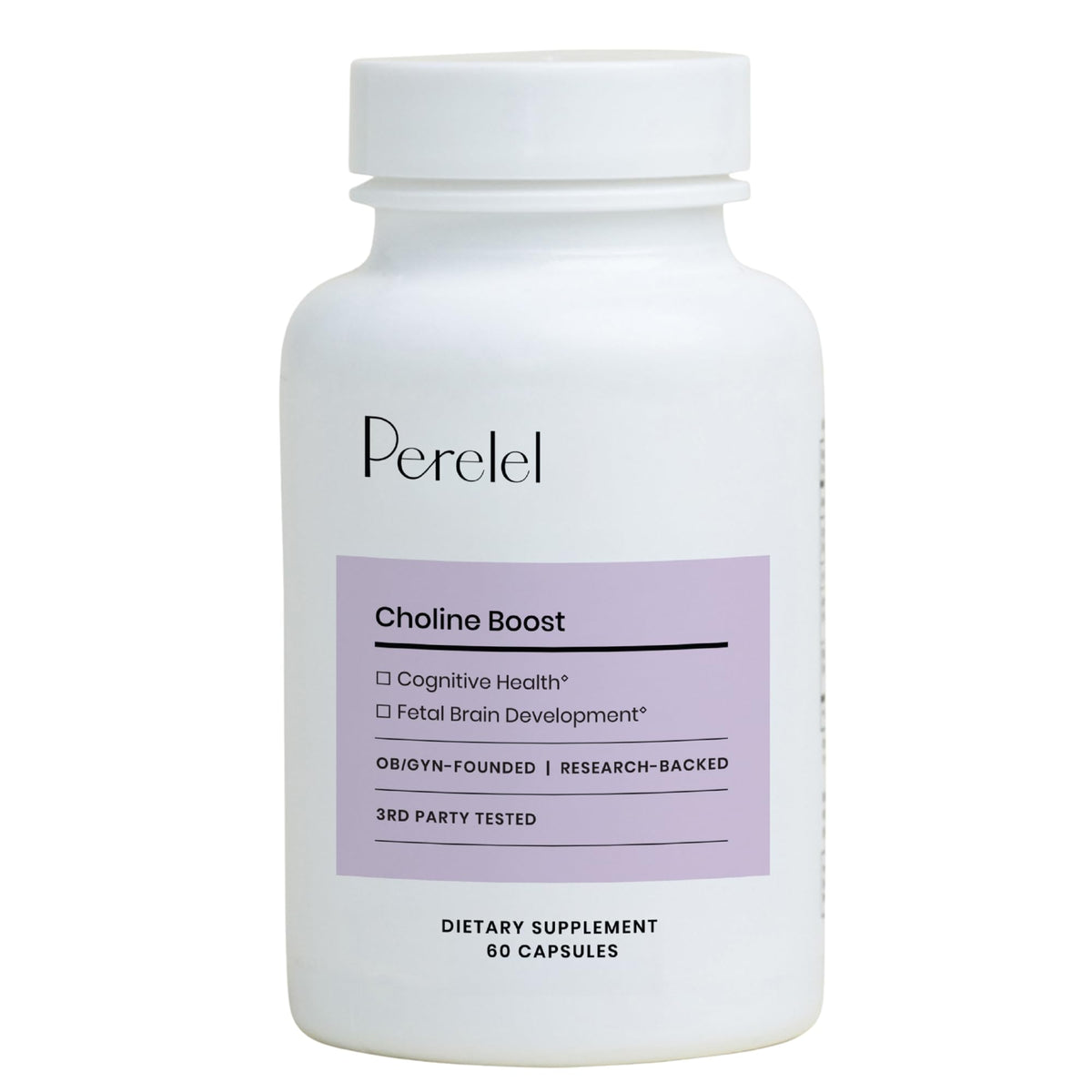 Perelel Choline Boost bottle on counter ready for prenatal wellness.