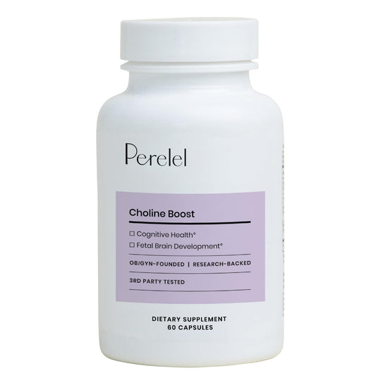 Perelel Choline Boost bottle on counter ready for prenatal wellness.