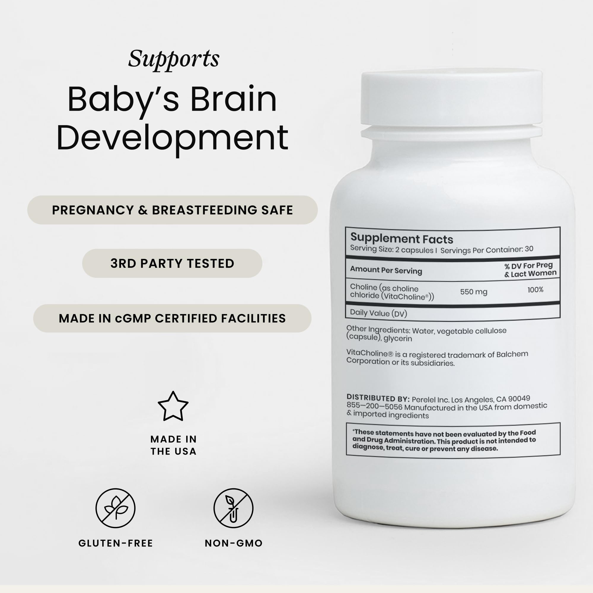 Perelel Choline Boost packaging highlighting gluten-free, non-GMO formula.