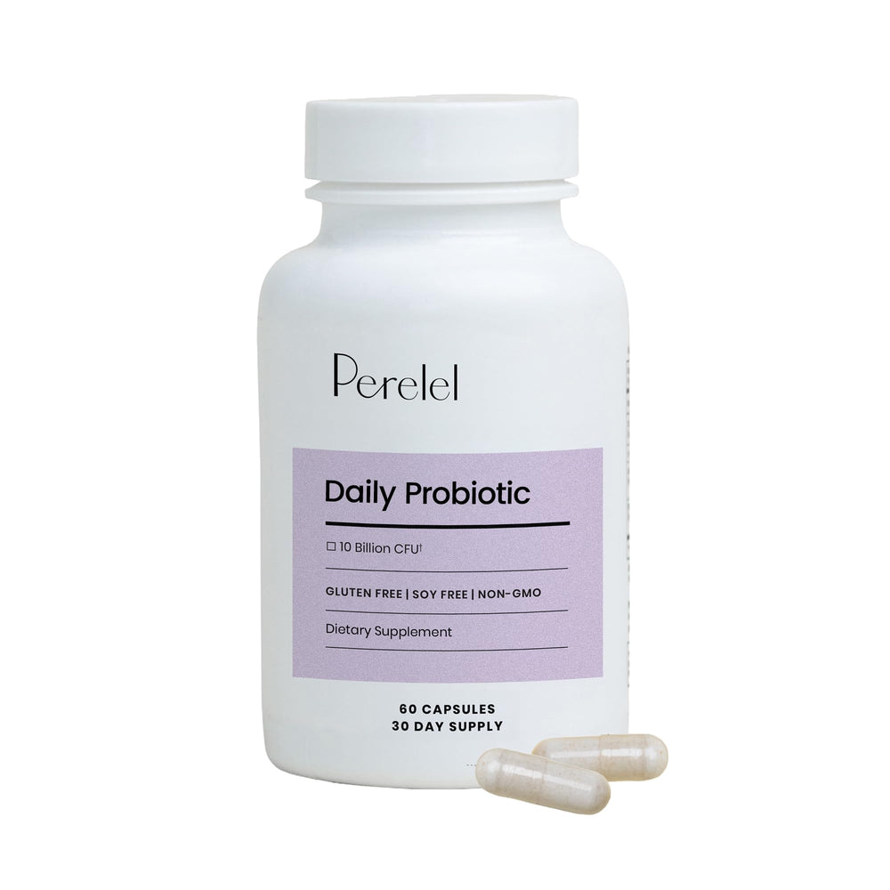Perelel Daily Probiotic bottle front view showing 60 capsules for daily women's wellness.