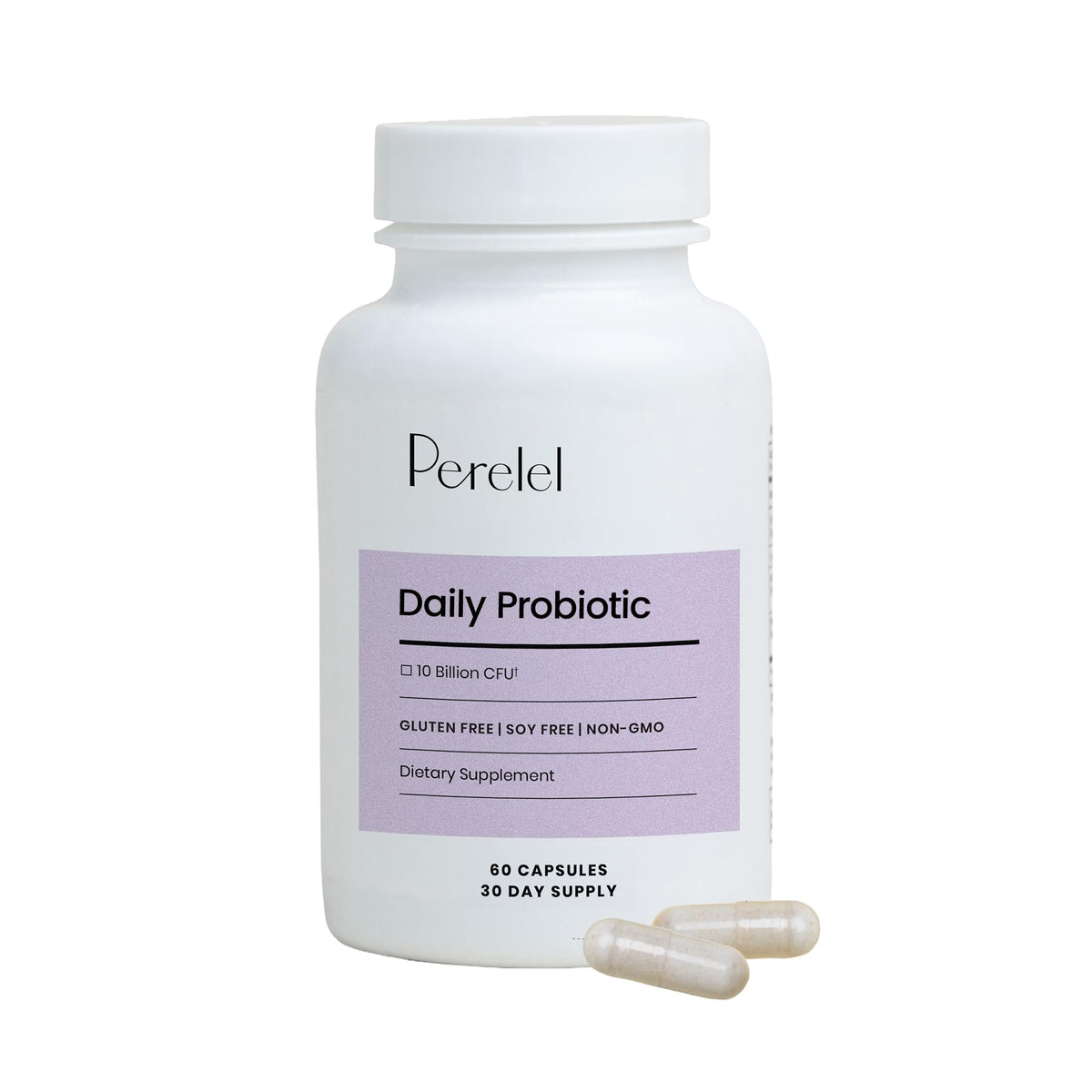 Perelel Daily Probiotic bottle front view showing 60 capsules for daily women's wellness.