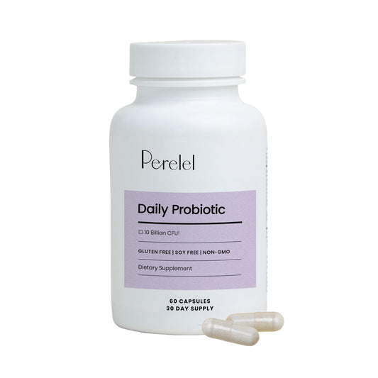 Perelel Daily Probiotic bottle front view showing 60 capsules for daily women's wellness.