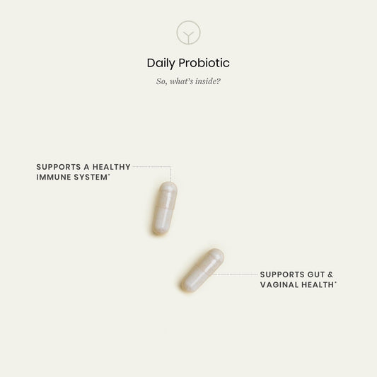 Perelel Daily Probiotic capsules close-up, two-capsule daily dose for consistent gut balance.