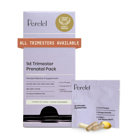 Perelel first-trimester daily packs shown for convenient on-the-go routine.