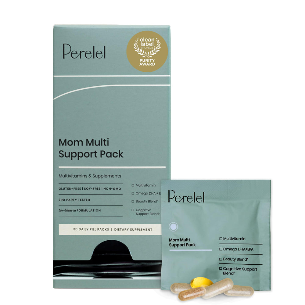 Perelel Mom Multi Support Pack sachets on table for postpartum wellness.