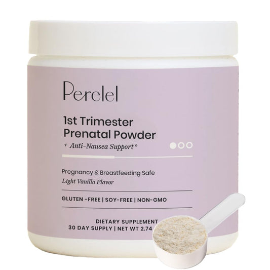 Perelel Prenatal Powder vanilla tub emphasizes dairy-free, sugar-free support for early pregnancy.