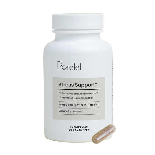 Perelel Stress Support capsule with ashwagandha for daily calm and balanced energy.