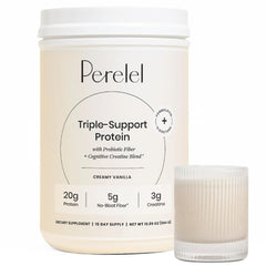 Perelel Triple-Support Vanilla protein powder tub for smooth, creamy shakes and daily protein