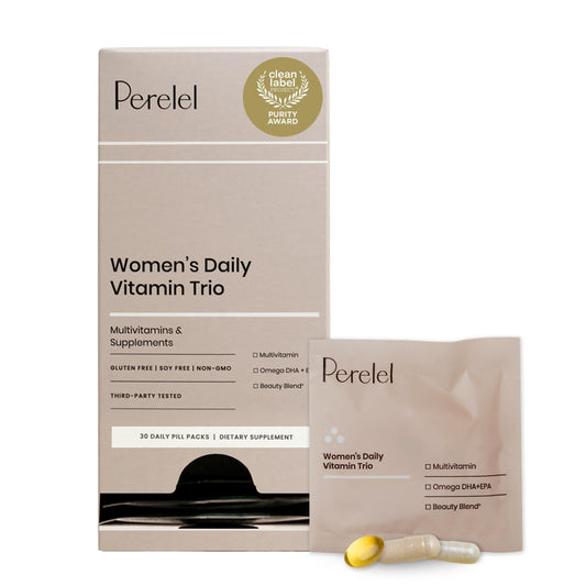 Perelel Women's Daily Multivitamin Pack on a table, supporting energy and immune function.