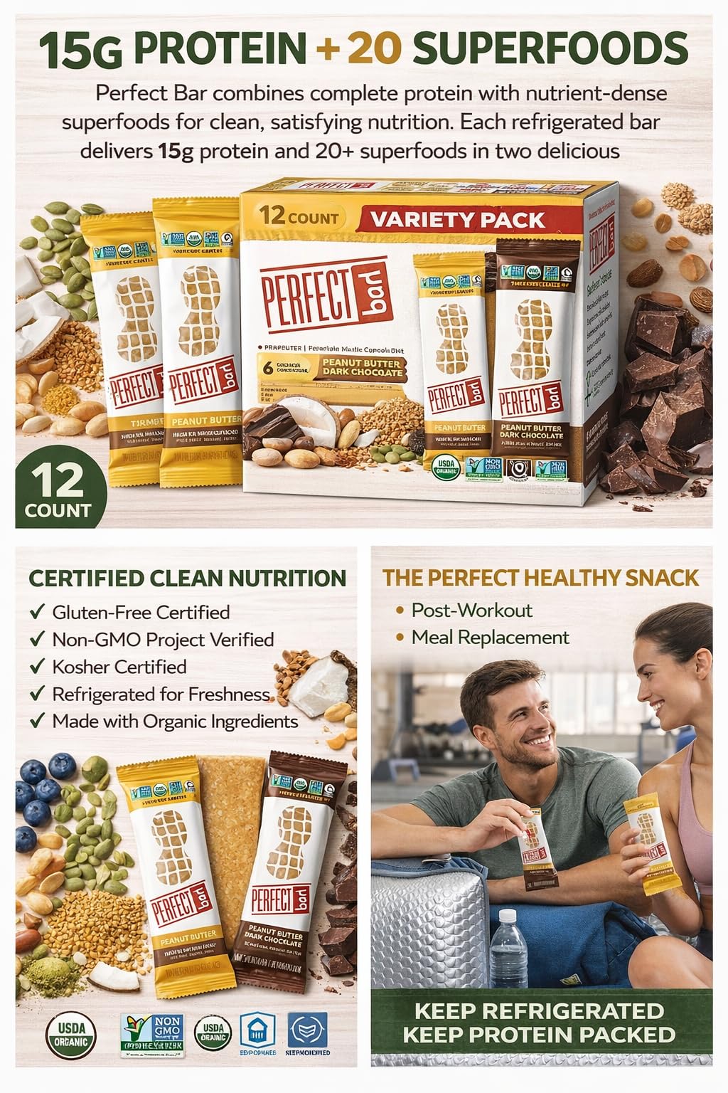 Perfect Bar 20 superfoods blend highlights leafy greens and seeds.