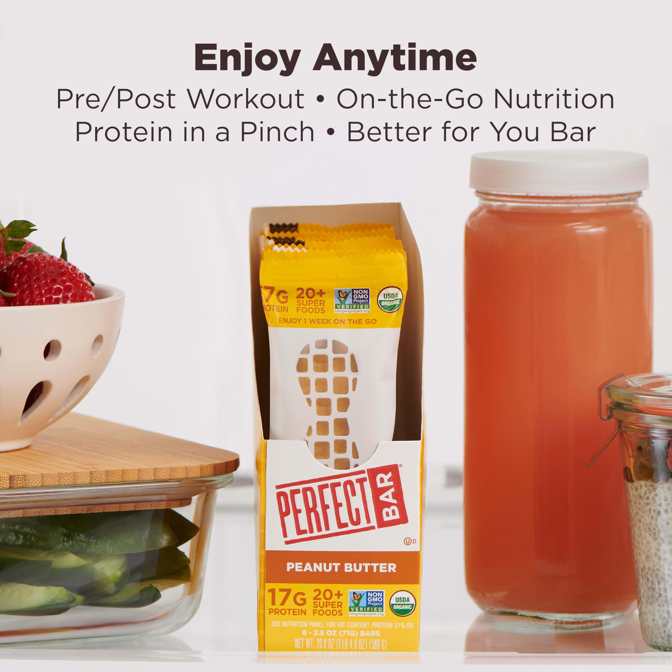 Perfect Bar gluten-free, non-GMO, kosher ingredients emphasized.