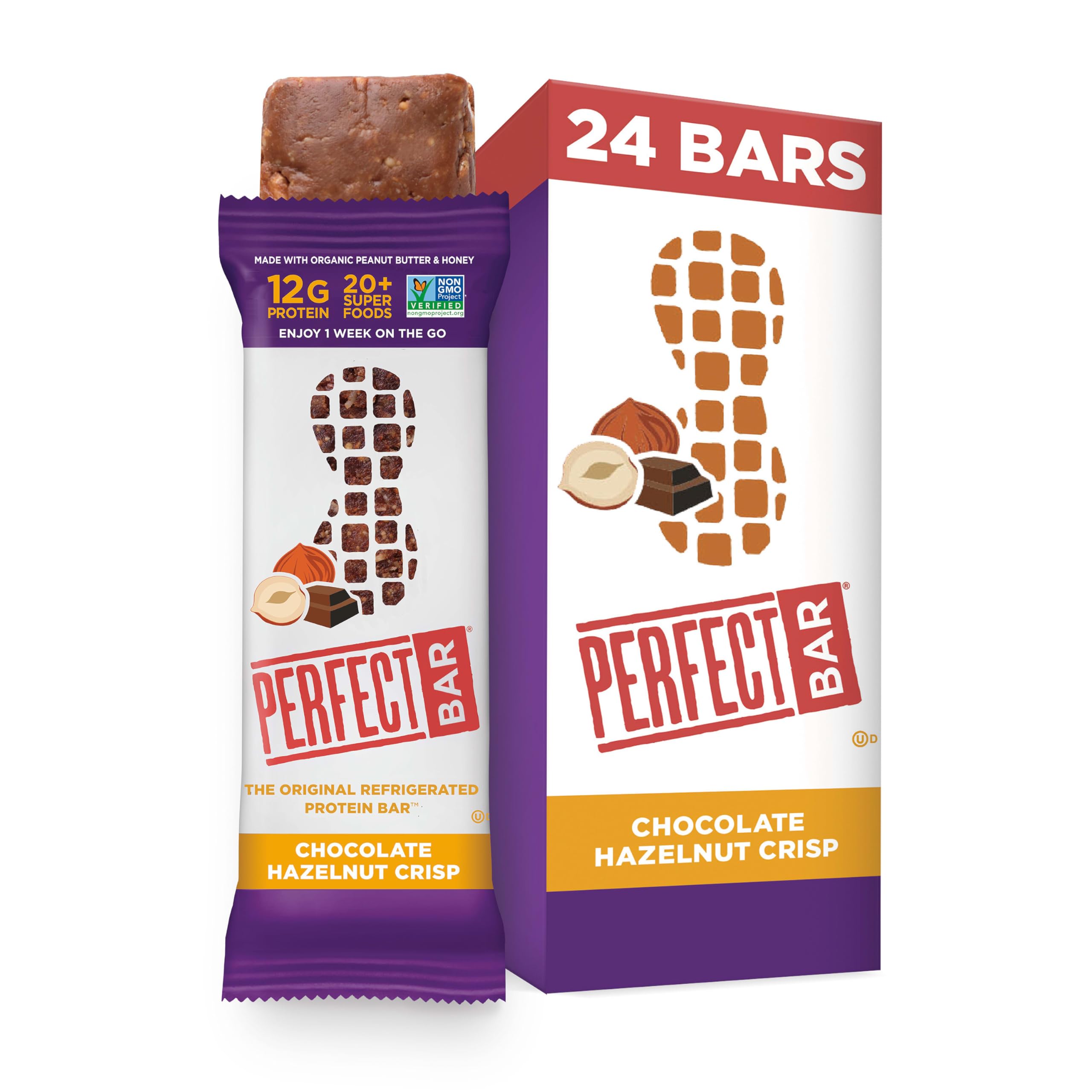 Perfect Bar Original Chocolate Hazelnut Crisp bars show creamy crunch, ideal on-the-go snack.