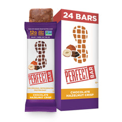 Perfect Bar Original Chocolate Hazelnut Crisp bars show creamy crunch, ideal on-the-go snack.