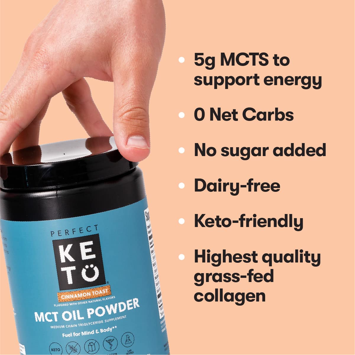 Perfect Keto 7g MCT oil powder bottle closeup showing premium packaging