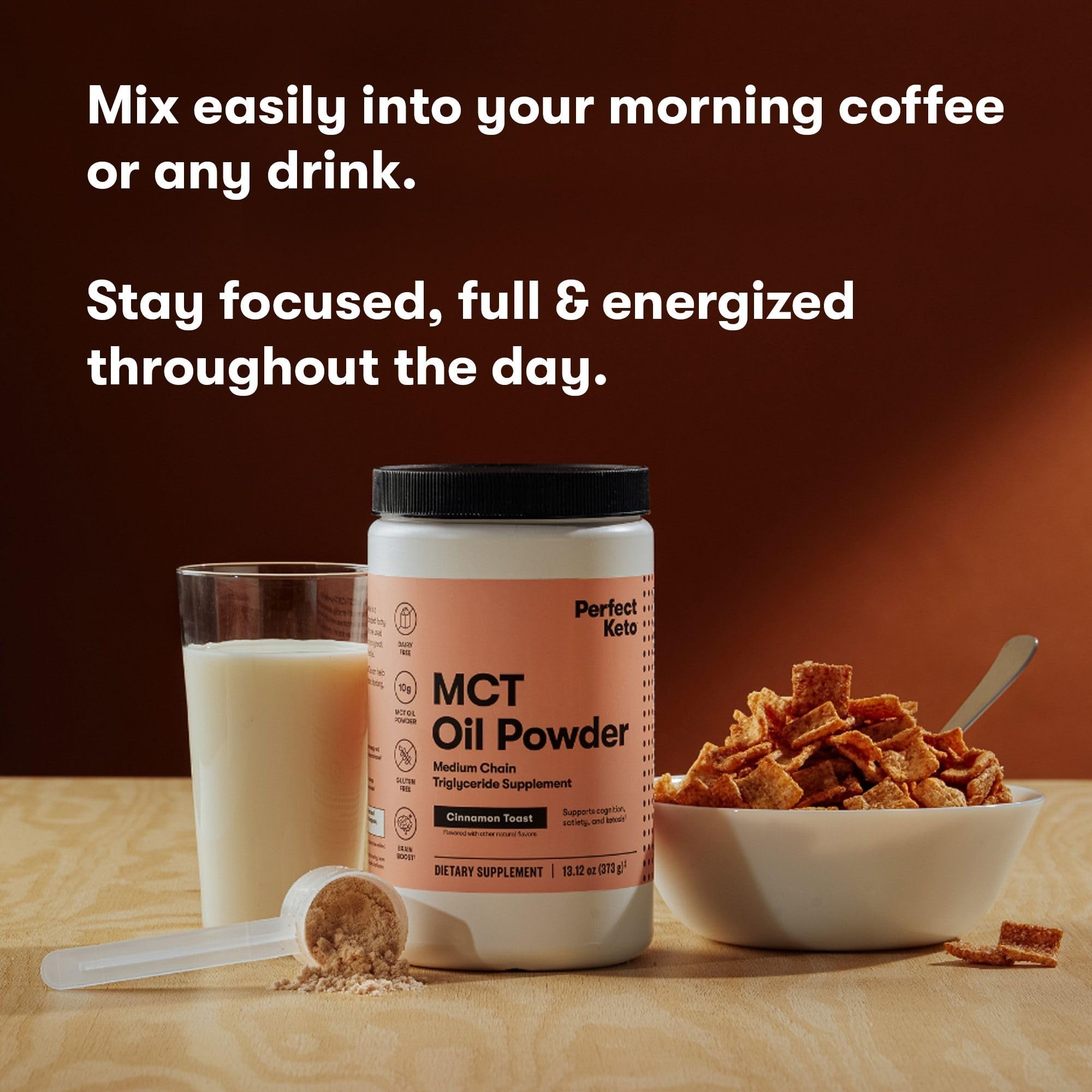 Perfect Keto MCT Oil Powder smoothie glass for keto-friendly shakes.