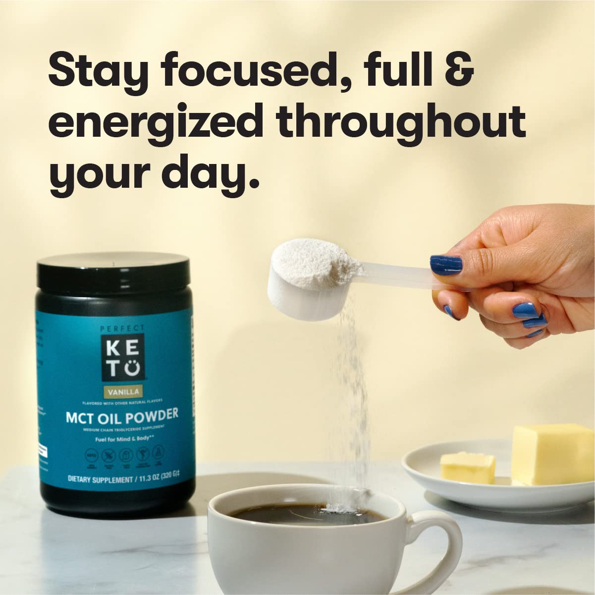 Perfect Keto 7g MCT powder coffee stirring highlights creamy blend