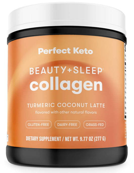 Perfect Keto Beauty + Sleep bottle closeup highlighting collagen support for hair and skin