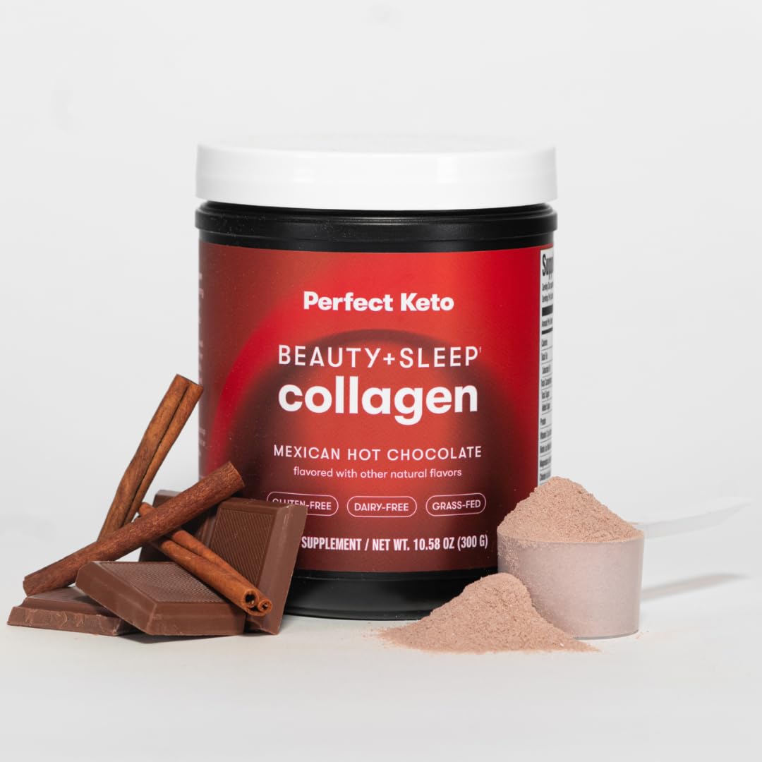 Perfect Keto Beauty Sleep Collagen powder tub with chocolate mix for nighttime beauty support.