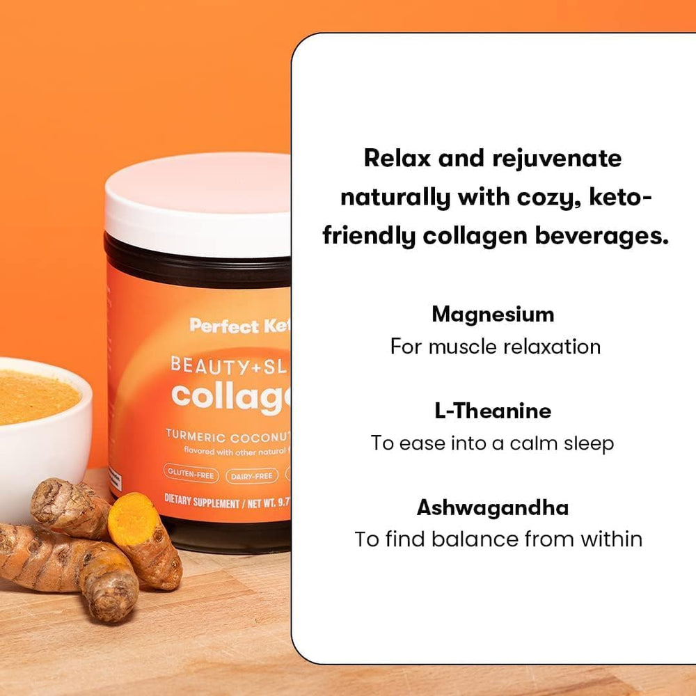 Perfect Keto Beauty + Sleep ingredient panel showing biotin and hyaluronic acid